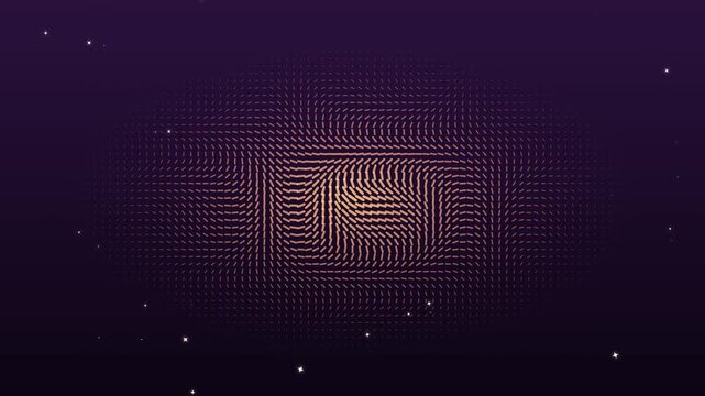Abstract dark purple background with glowing golden magnetic field lines and stars. This seamless motion graphic loop is perfect for science or technology video presentation designs.