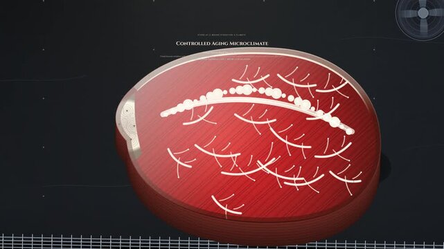 3D technical animation of the dry-aged beef process detailing transpirational osmosis moisture evaporation biochemical proteolysis and the liberation of free amino acids like savory L-glutamate
