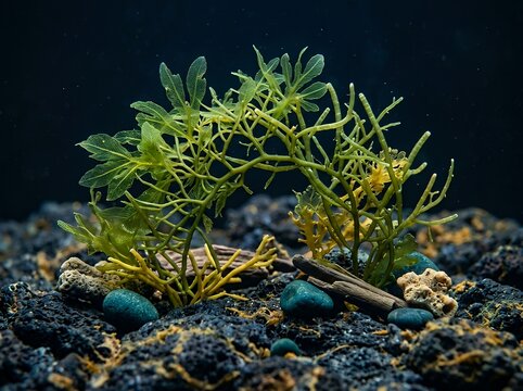 Seaweed and algae underwater macro on rocky seabed