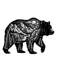 Fototapeta premium Vintage engraving double exposure silhouette of a walking bear with mountain, river, and pine forest landscape inside, isolated transparent background.