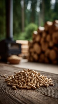 close up of pile of pellets, wood pellet production in the forest
