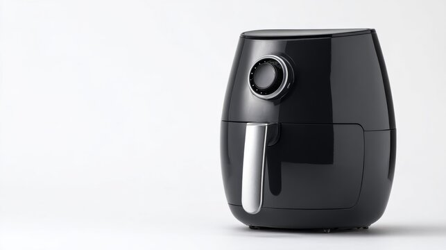 Black air fryer on white background with copy space