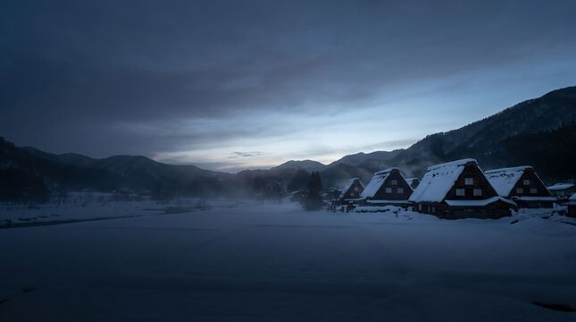 Historic gassho-zukuri thatched farmhouses in snowy mountain valley at blue hour dusk