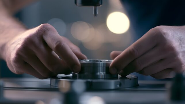 Aerospace titanium part in CNC jig with operator hands