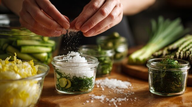 Hands adding salt to vegetables for fermentation
