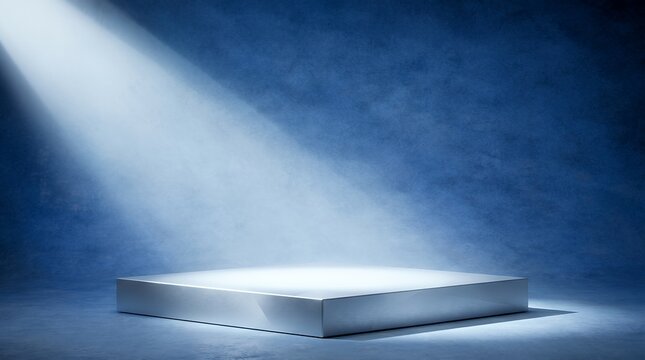 White pedestal on stage product display stand with blue spotlight