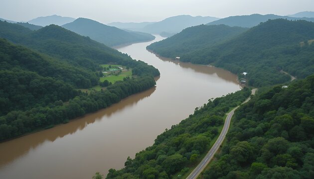 Winding river landscape through green hills with road