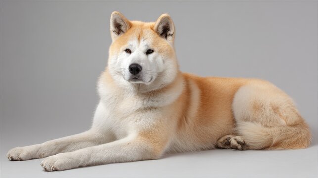 full length of akita inu sitting on light grey background