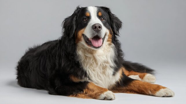 full length of Bernese Mountain Dog sitting on light grey background