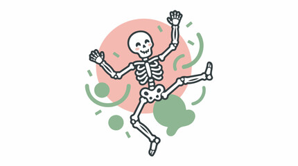 Fototapeta premium A stylized white skeleton in a dynamic dancing pose, cheerful and fun mood, blush pink and sage green background elements, trace optimized, minimalist flat vector artwork, clipart style,
