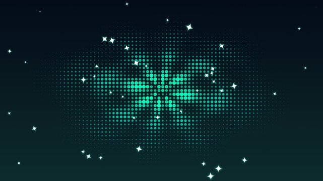 Abstract dark background with a glowing cyan halftone lotus flower pattern and twinkling stars. This seamless magical motion graphic loop is perfect for ethereal or retro video designs.