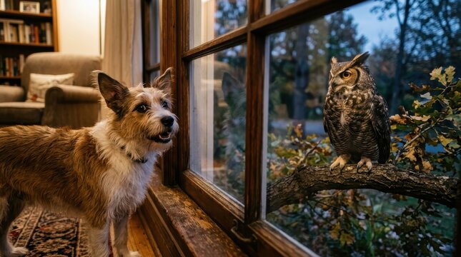 dog and owl interaction by the window