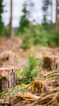 Young pine tree amid cleared stumps in deforestation area