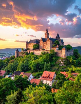 A historic castle perched on a hill above a village at sunset.