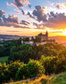 A majestic medieval castle perched atop a lush green hill at sunset.