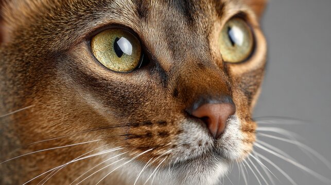 close up of portrait of Abyssinian looks at camera on light grey background