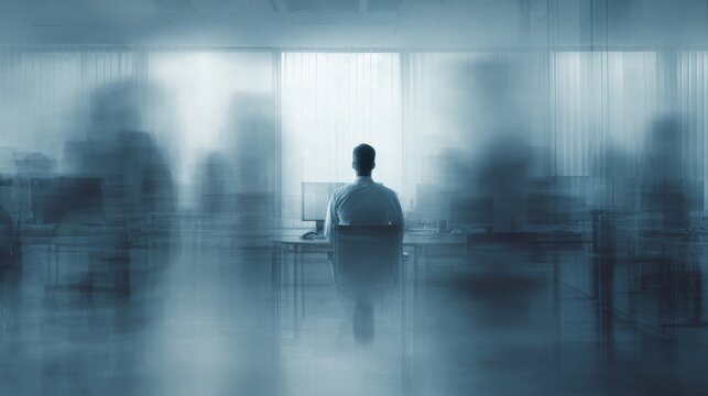 back view of man sitting in modern office with motion around, burnout at work concept