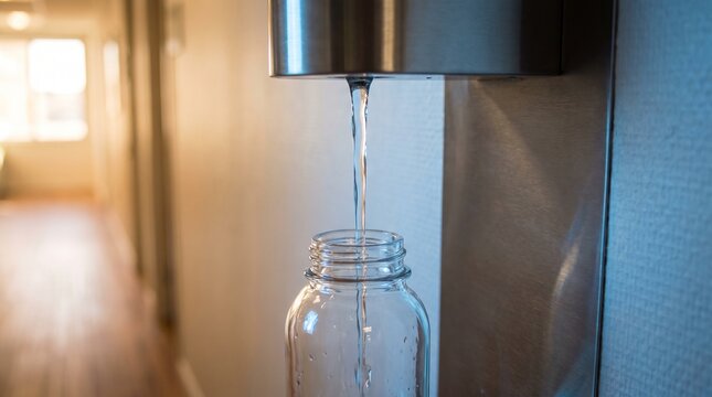 Water bottle being filled from a wall mounted stainless steel drinking fountain