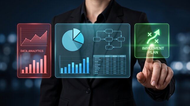 Business intelligence transformation concept showing analytical visualization, strategic planning decisions, and organized implementation processes