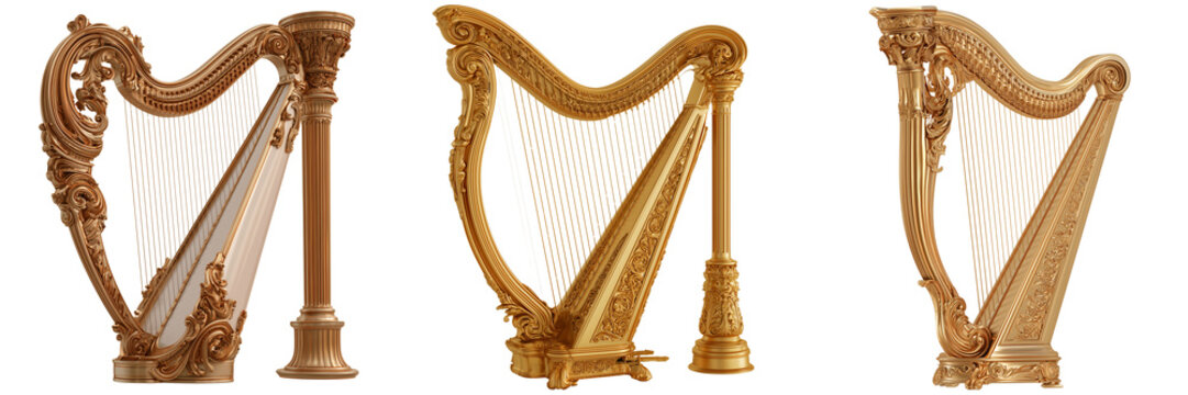 Set of A beautifully crafted golden concert harp with elaborate traditional carvings, graceful curved soundbox on transparent png background. Ai generated