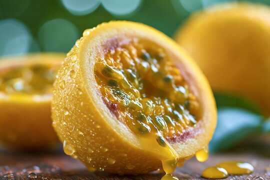 Fresh yellow passion fruit cut in half with juice dripping and water drops
