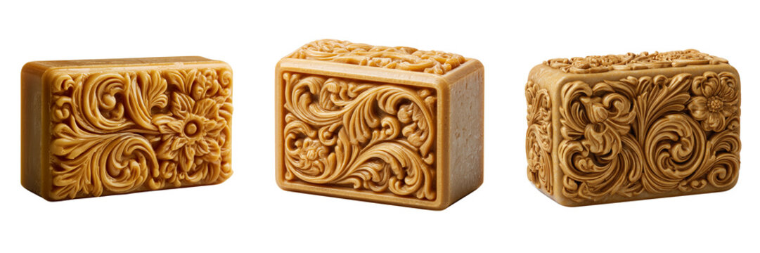 Set of A beautifully sculpted artisanal soap bar with raised floral and curved scroll decorations on transparent png background. Ai generated