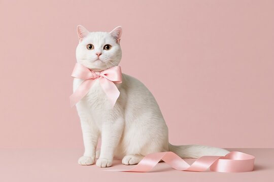 White cat sitting beside pink ribbon on pastel pink background, photorealistic studio shot with soft lighting and shallow depth of field