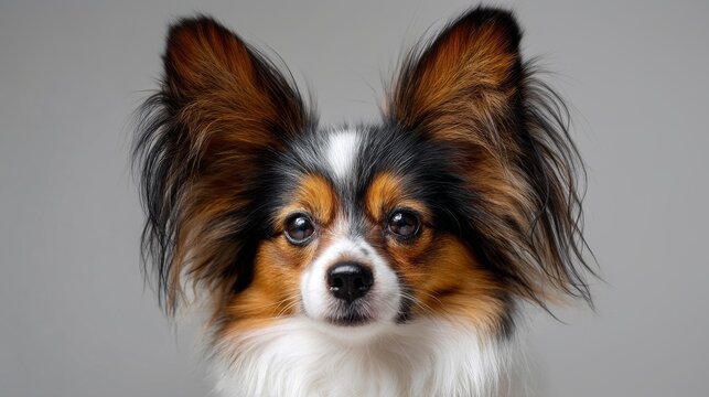 portrait of tricolor papillon dog looks at camera on light grey background
