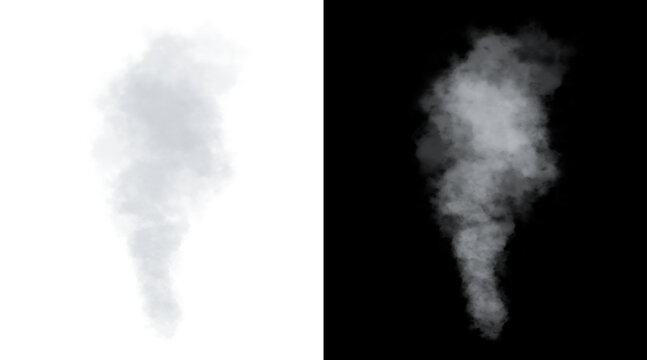 Atmospheric white smoke plume on black and white backgrounds, realistic steam vapor effect, ethereal fog and mist clouds for overlay design