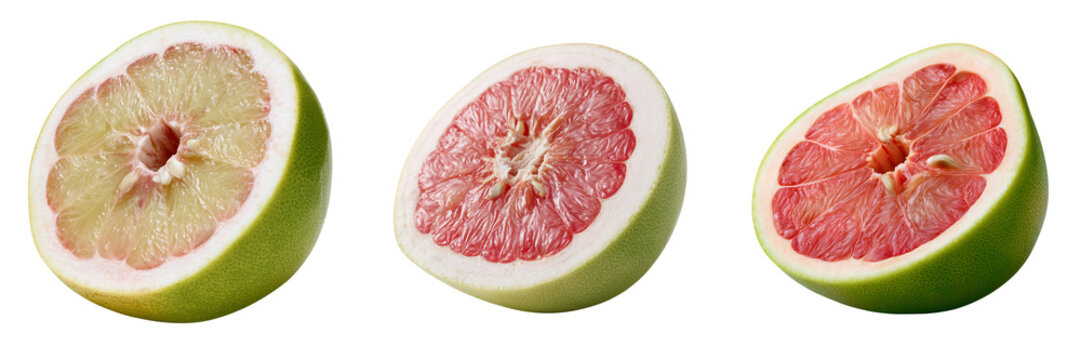 Set of A large pomelo cut in half with clearly visible citrus segments and thick white pith on transparent png background. Ai generated