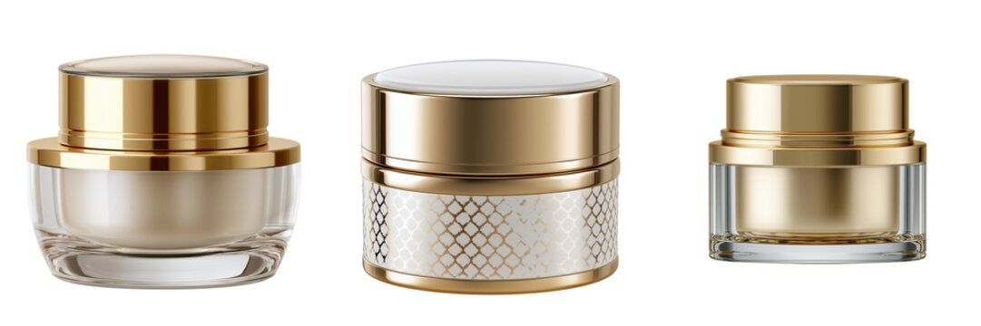 Set of A high-end cosmetic cream jar featuring a transparent glass container and polished gold-toned lid on transparent png background. Ai generated