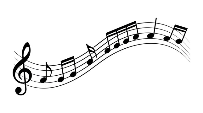 Vector illustration of musical notes and staff performing in a dynamic flow with copy space