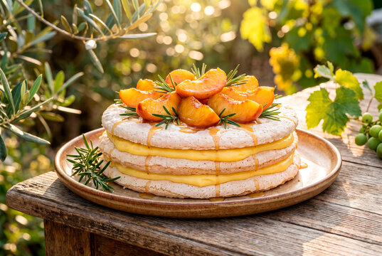 Gourmet Peach and Lemon Almond Dacquoise Cake