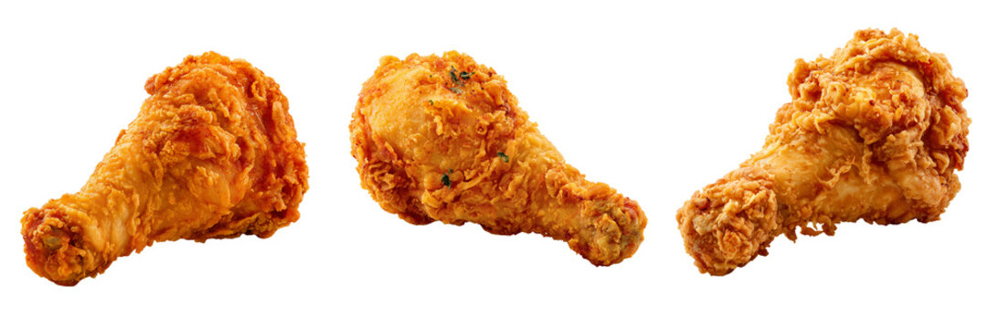 Set of A perfectly fried chicken drumstick covered in thick golden crunchy breading, irregular crispy surface on transparent png background. Ai generated