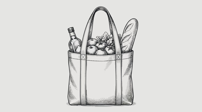 Vector illustration of a grocery tote bag filled with fresh produce and bread