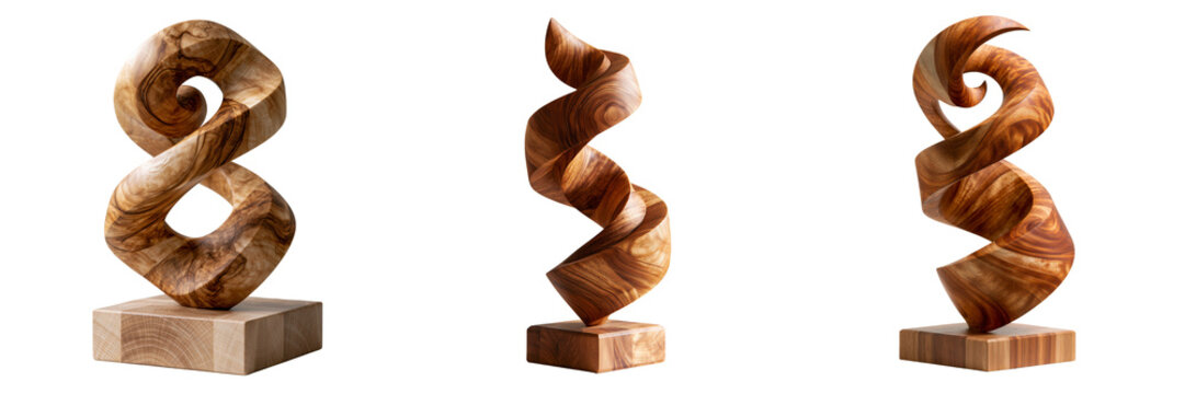 Set of Artistic twisted wooden sculpture with a graceful continuous ribbon-like shape on transparent png background. Ai generated