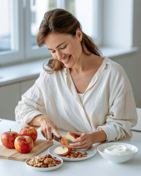 Woman preparing apple nuts and yogurt for afternoon snack