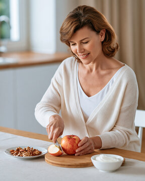 Woman preparing apple nuts and yogurt for afternoon snack