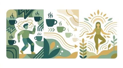 Fototapeta premium Illustrations show a person engaging in health activities and another person practicing wellness as part of a caffeine detox process.