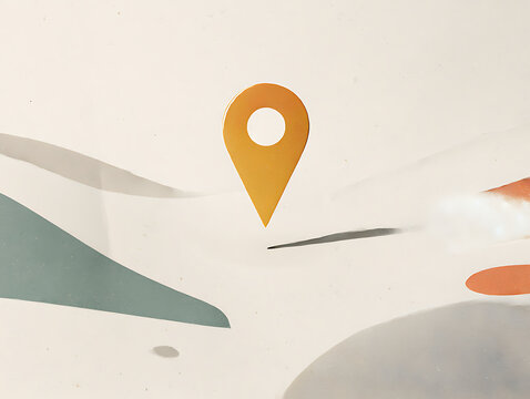 Minimal location pin placed on an abstract map-inspired background, representing navigation, travel, destination, geolocation, logistics and route planning for digital design.