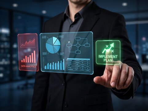 Advanced business analytics technology showing data insights, strategic planning, performance measurement, and implementation control