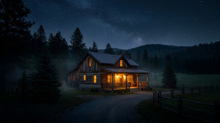Obraz premium Cozy rustic wooden cabin illuminated at night under a starry night sky with milky way