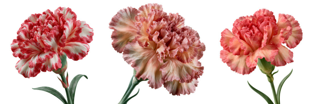 Set of Single peach-coral carnation in full bloom, delicate ruffled petals with contrasting reddish-pink margins on transparent png background. Ai generated