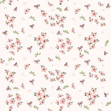 A Soft floral pattern filled with delicate pink blooms and tiny red bows.