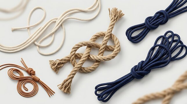 Assorted knotted ropes and fibers for crafting and decoration with rope knots