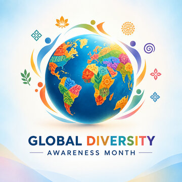 Global Diversity Awareness Month promotional banner with a colorful patterned globe and abstract human figures on a light blue background 