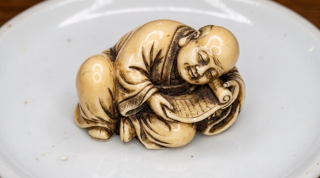 Small carved ivory figurine of a monk reading a scroll while lying down on a white ceramic plate surface closeup studio shot capturing traditional craftsmanship and intricate details