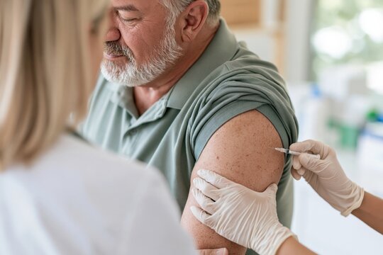Mature man receiving vaccine injection in upper arm from healthcare professional, concept of immunization, preventive medicine, vaccination and patient care