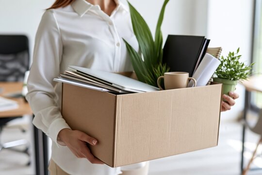 Laid off employee carrying box of personal belongings while leaving office, concept of unemployment, job loss, corporate downsizing, recession and career transition