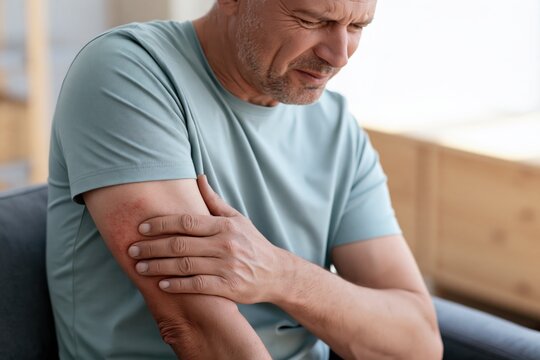 Mature man suffering from elbow and arm pain at home, concept of joint inflammation, muscle strain, injury, arthritis and musculoskeletal discomfort